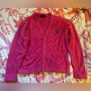 Pink fuzzy Fluffy Cardigan with bear button Teddy fresh sweater